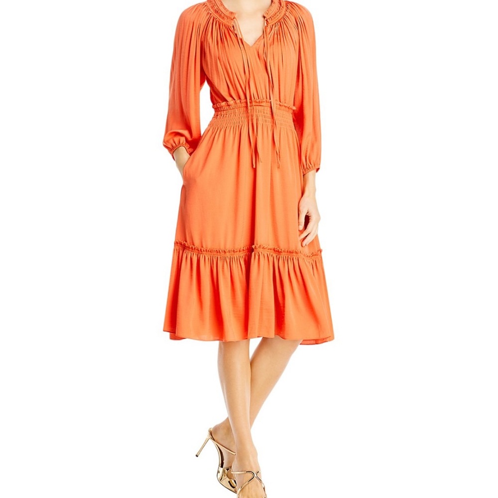 Kobi Halperin Orange Ruffled Tie Front Midi Dress